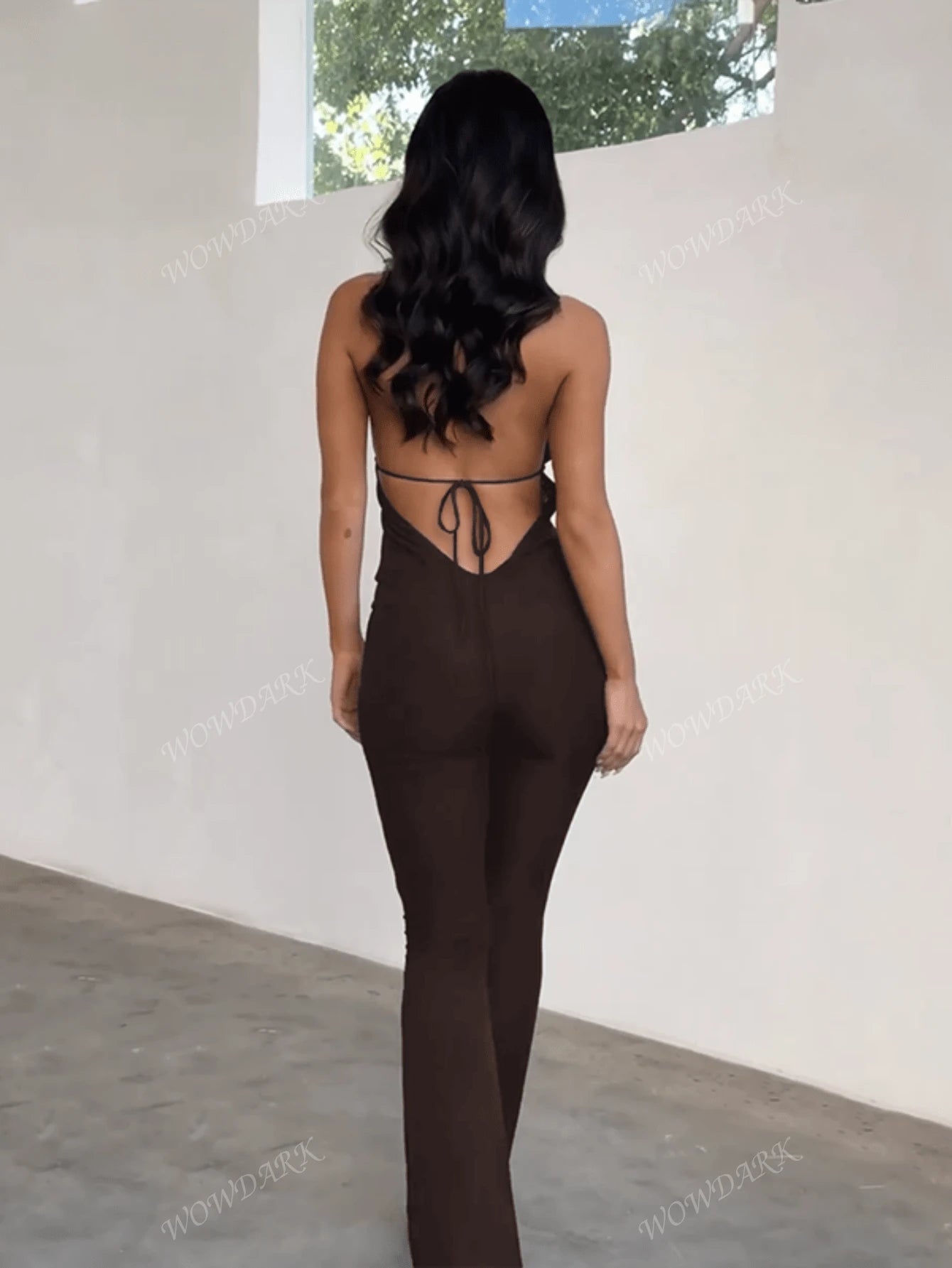 WOWDARK Women'S Spring Cowl Neck Deep V Tie Neck Jumpsuit