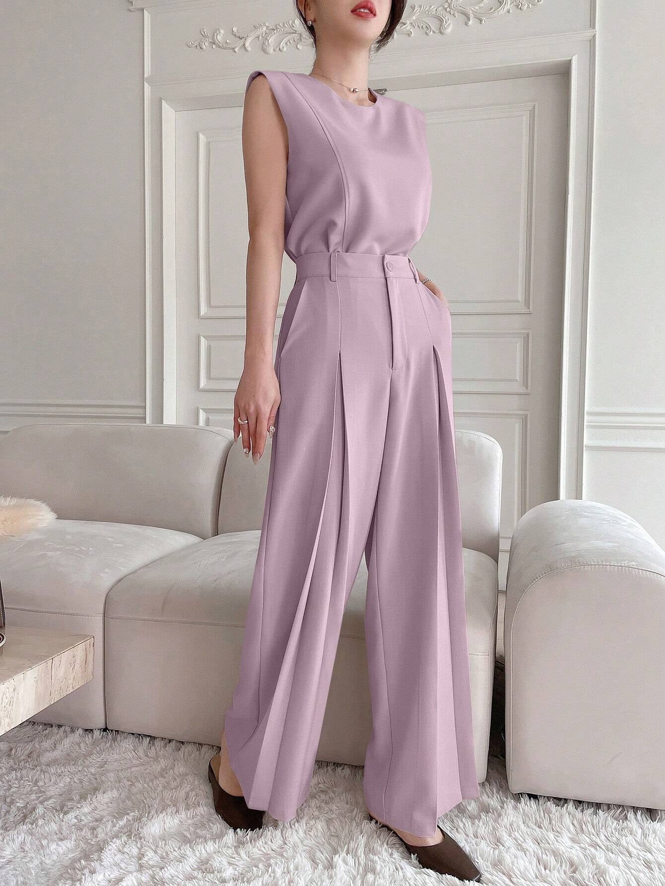 DAZY Women Fashionable Two-Piece Set of Sleeveless Top with Side Slits and Wide-Leg Pants or Long Pants Summer