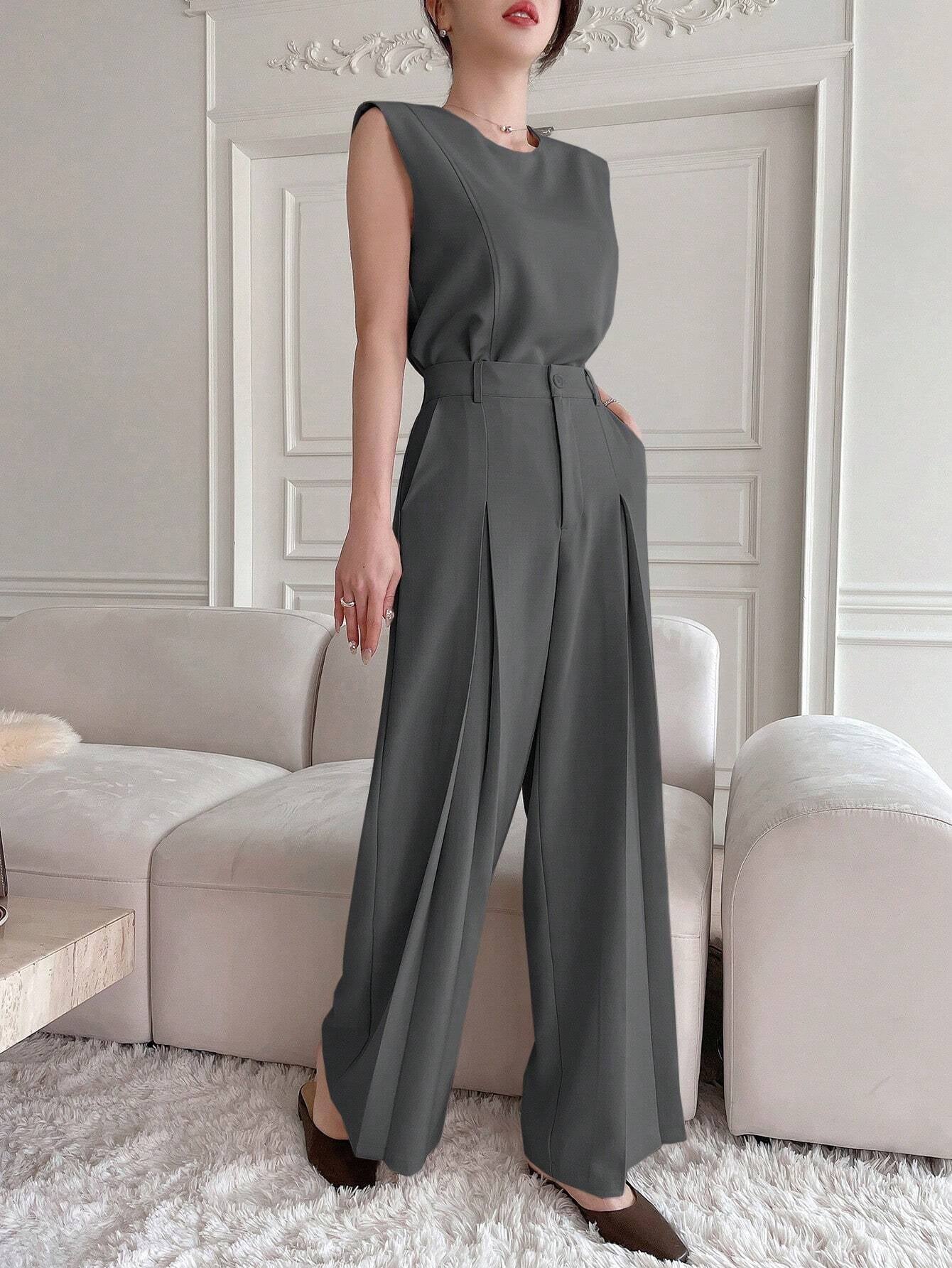 DAZY Women Summer Solid Color round Neck Short Sleeve Top and Wide Leg Pants Fashionable Loose Two Piece Set