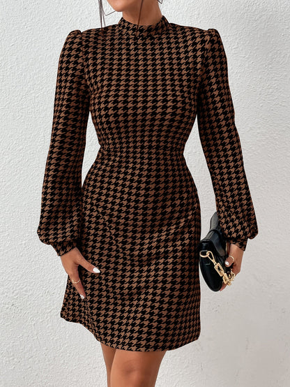 Firerie Houndstooth Print Mock Neck Lantern Sleeve Dress