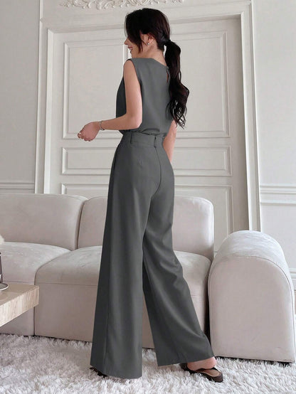 DAZY Women Summer Solid Color round Neck Short Sleeve Top and Wide Leg Pants Fashionable Loose Two Piece Set