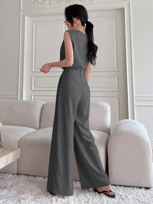 DAZY Women Summer Solid Color round Neck Short Sleeve Top and Wide Leg Pants Fashionable Loose Two Piece Set