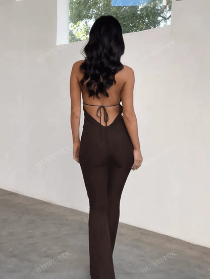 WOWDARK Women'S Spring Cowl Neck Deep V Tie Neck Jumpsuit