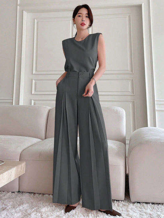 DAZY Women Summer Solid Color round Neck Short Sleeve Top and Wide Leg Pants Fashionable Loose Two Piece Set