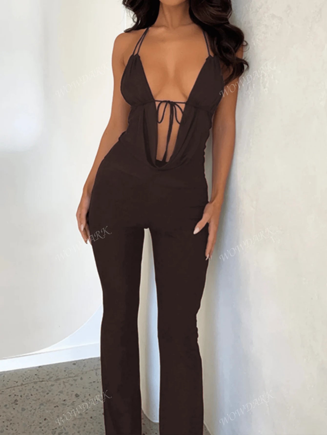 WOWDARK Women'S Spring Cowl Neck Deep V Tie Neck Jumpsuit