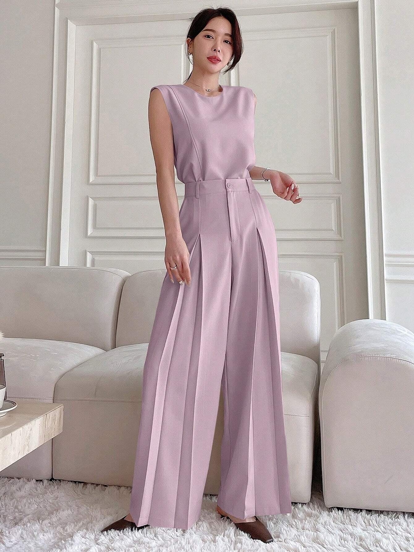 DAZY Women Fashionable Two-Piece Set of Sleeveless Top with Side Slits and Wide-Leg Pants or Long Pants Summer