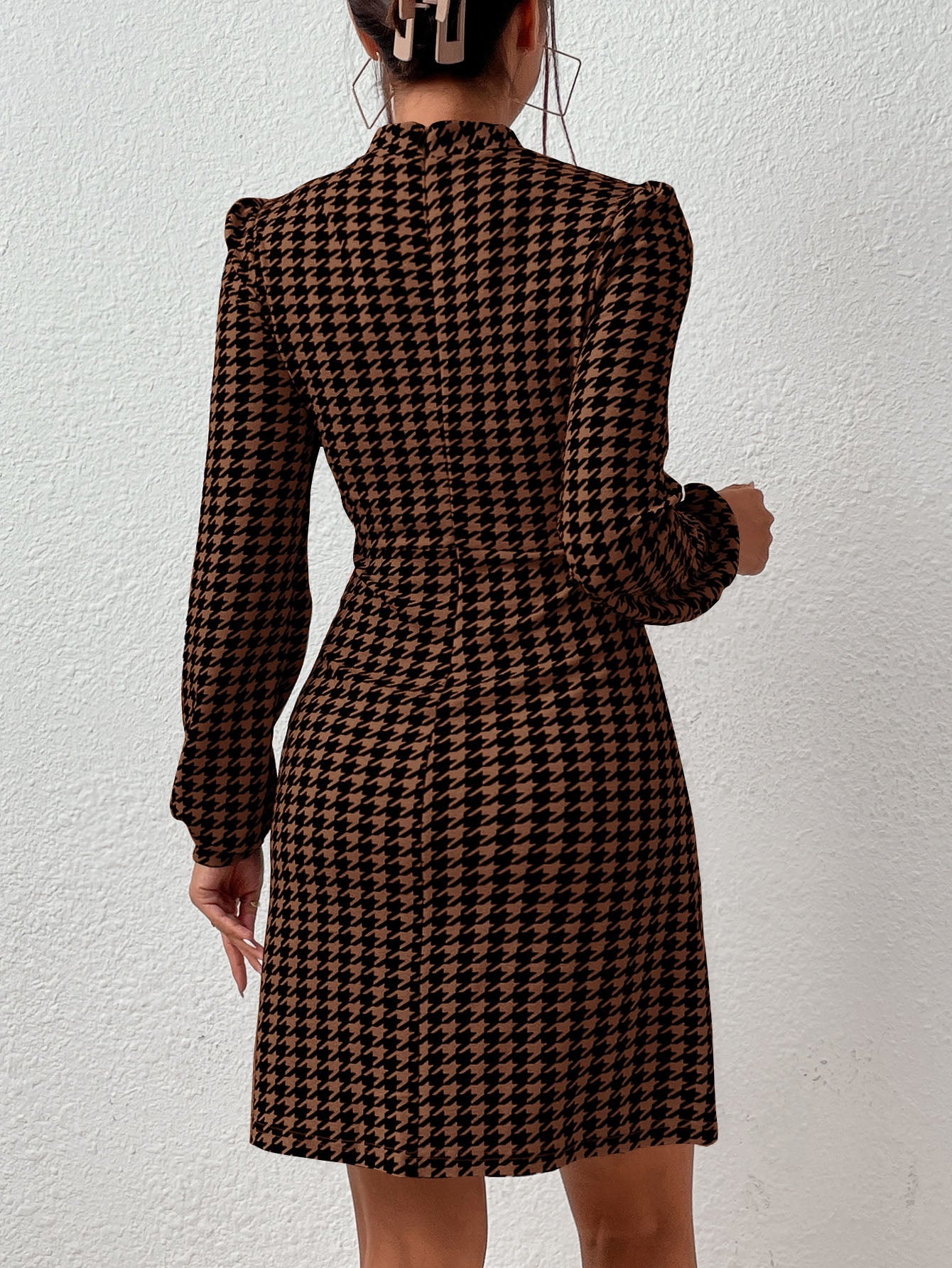 Firerie Houndstooth Print Mock Neck Lantern Sleeve Dress