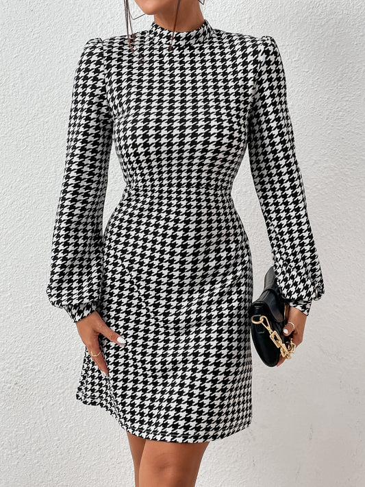 Privé Houndstooth Print Mock Neck Lantern Sleeve Dress