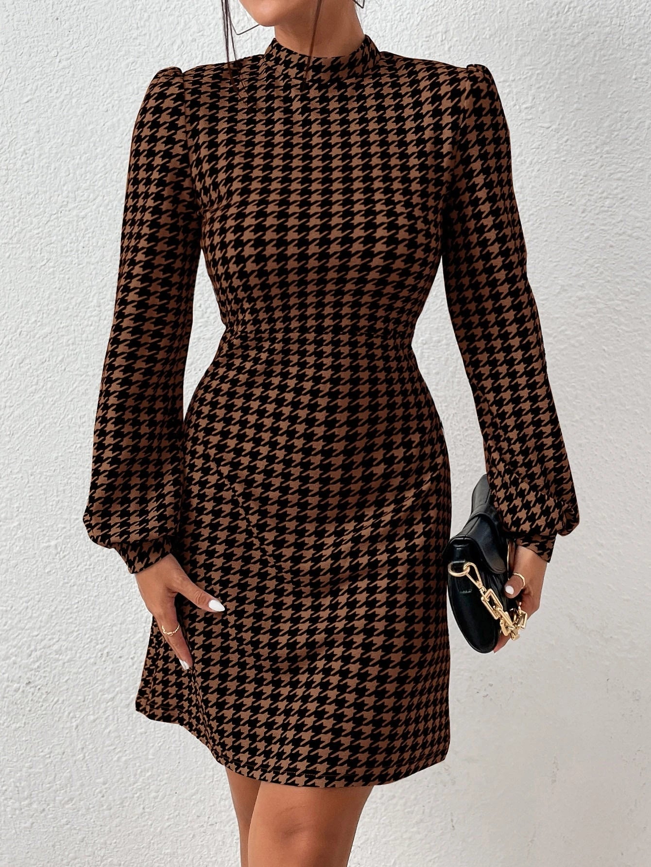 Firerie Houndstooth Print Mock Neck Lantern Sleeve Dress