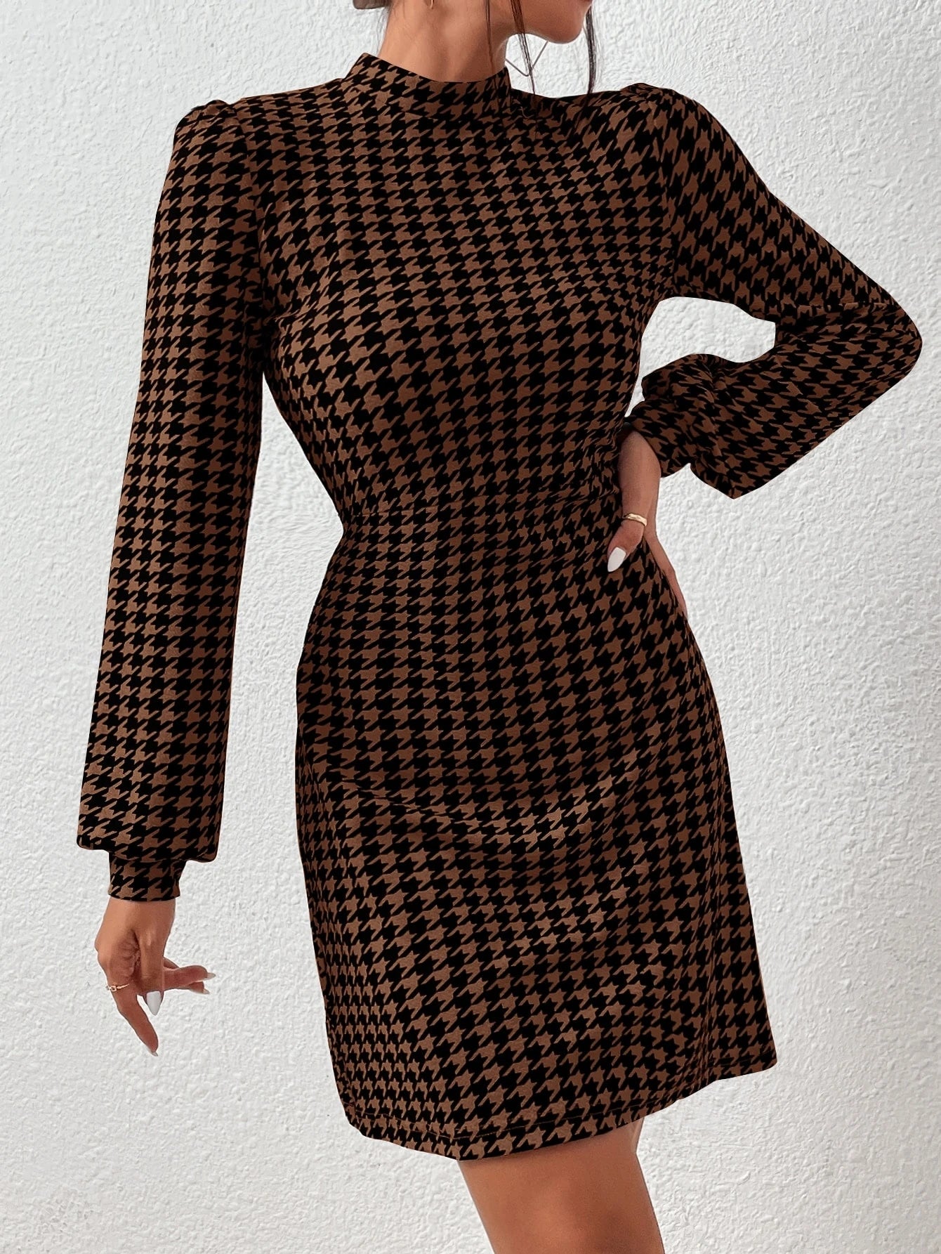Firerie Houndstooth Print Mock Neck Lantern Sleeve Dress