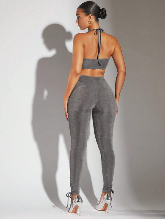 X Antonella  BAE Draped Front Backless Halter Top & Leggings