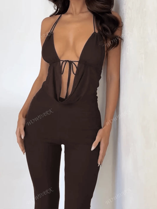 WOWDARK Women'S Spring Cowl Neck Deep V Tie Neck Jumpsuit