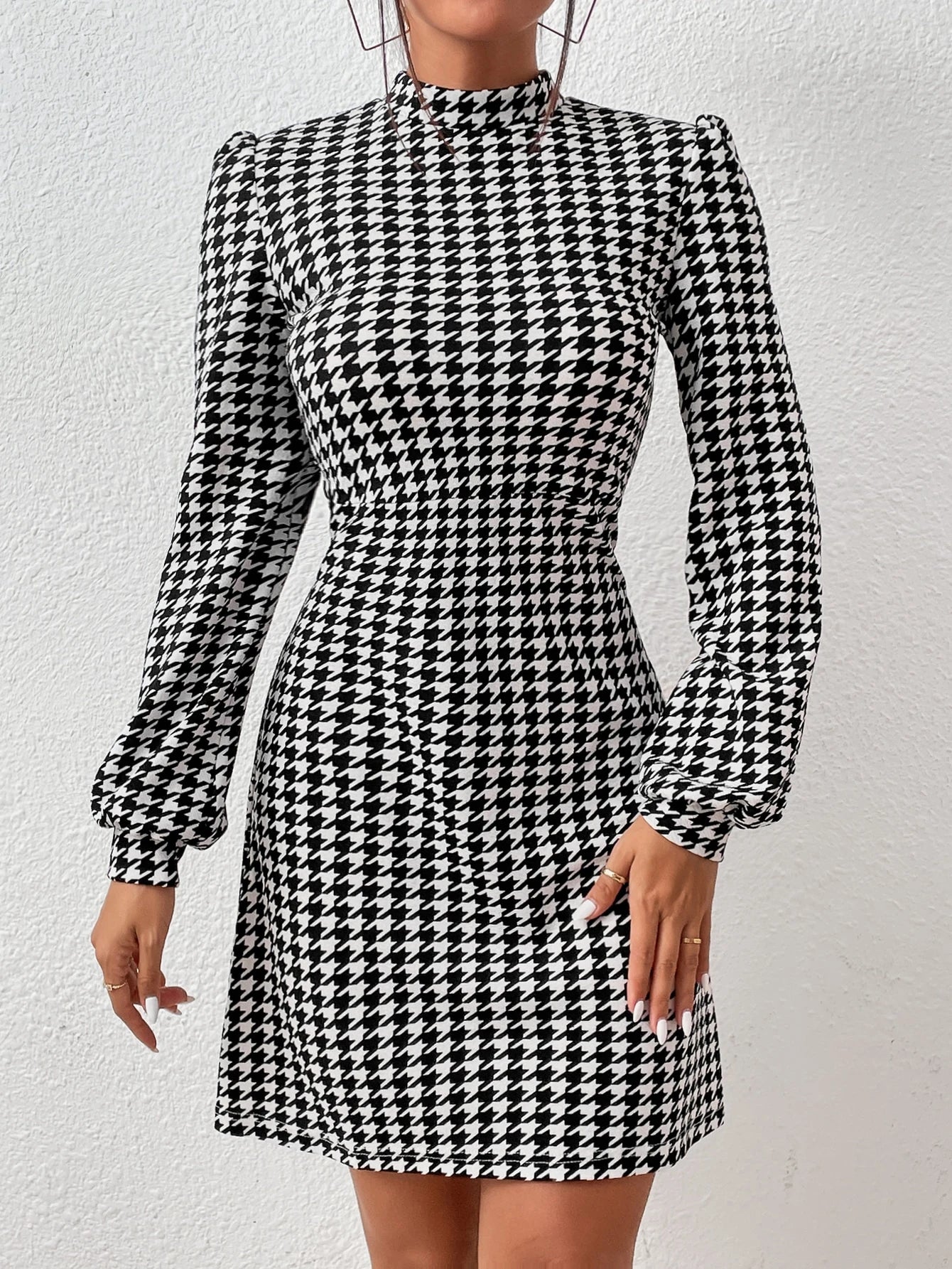 Privé Houndstooth Print Mock Neck Lantern Sleeve Dress