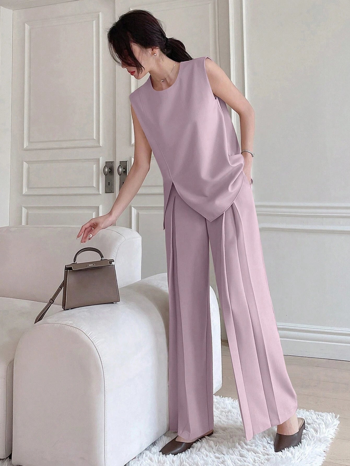DAZY Women Fashionable Two-Piece Set of Sleeveless Top with Side Slits and Wide-Leg Pants or Long Pants Summer