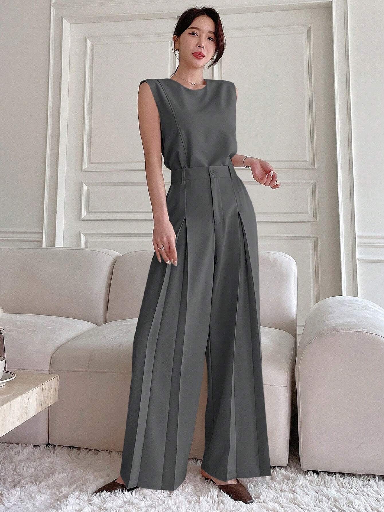 DAZY Women Summer Solid Color round Neck Short Sleeve Top and Wide Leg Pants Fashionable Loose Two Piece Set