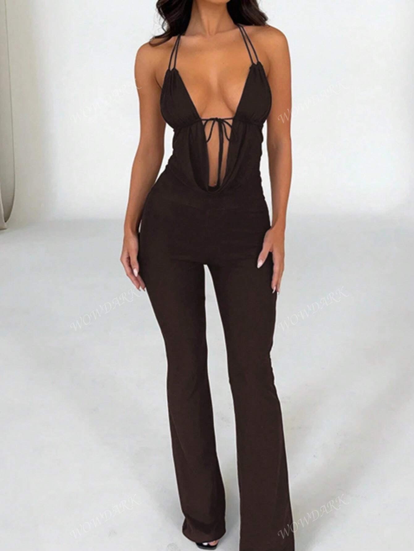 WOWDARK Women'S Spring Cowl Neck Deep V Tie Neck Jumpsuit