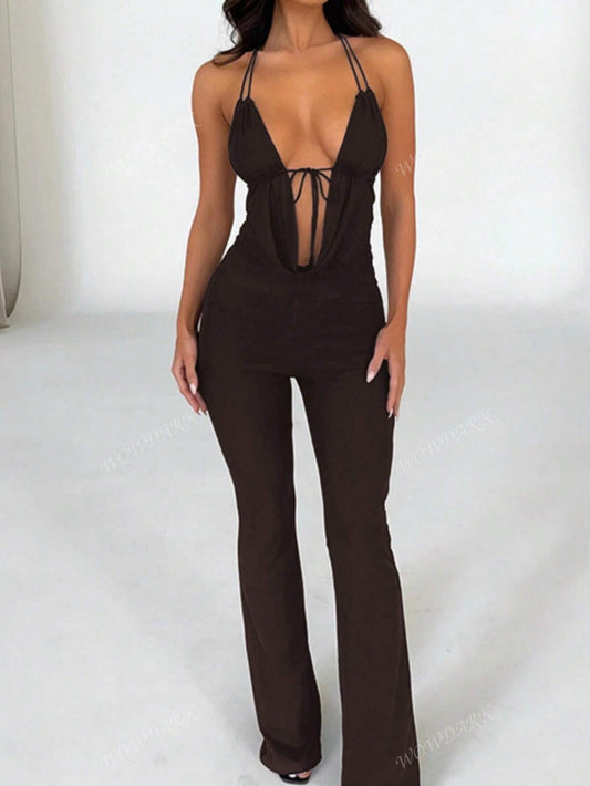 WOWDARK Women'S Spring Cowl Neck Deep V Tie Neck Jumpsuit