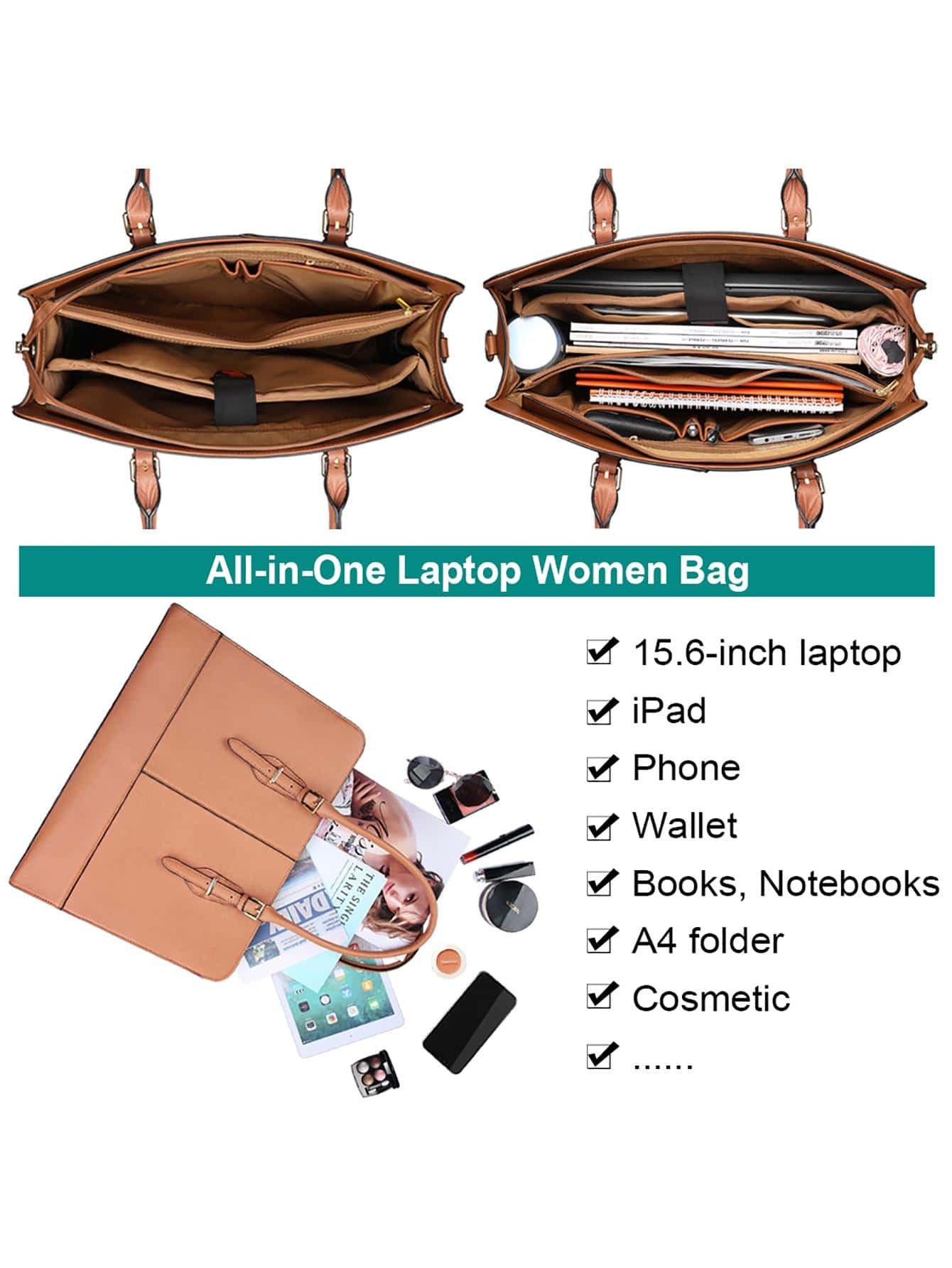 Laptop Bag for Women Leather Work 15.6 Inch Laptop for Computer Bag Waterproof Business Office Professional Large Capacity Handbag Shoulder Bag