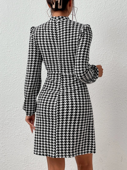 Privé Houndstooth Print Mock Neck Lantern Sleeve Dress