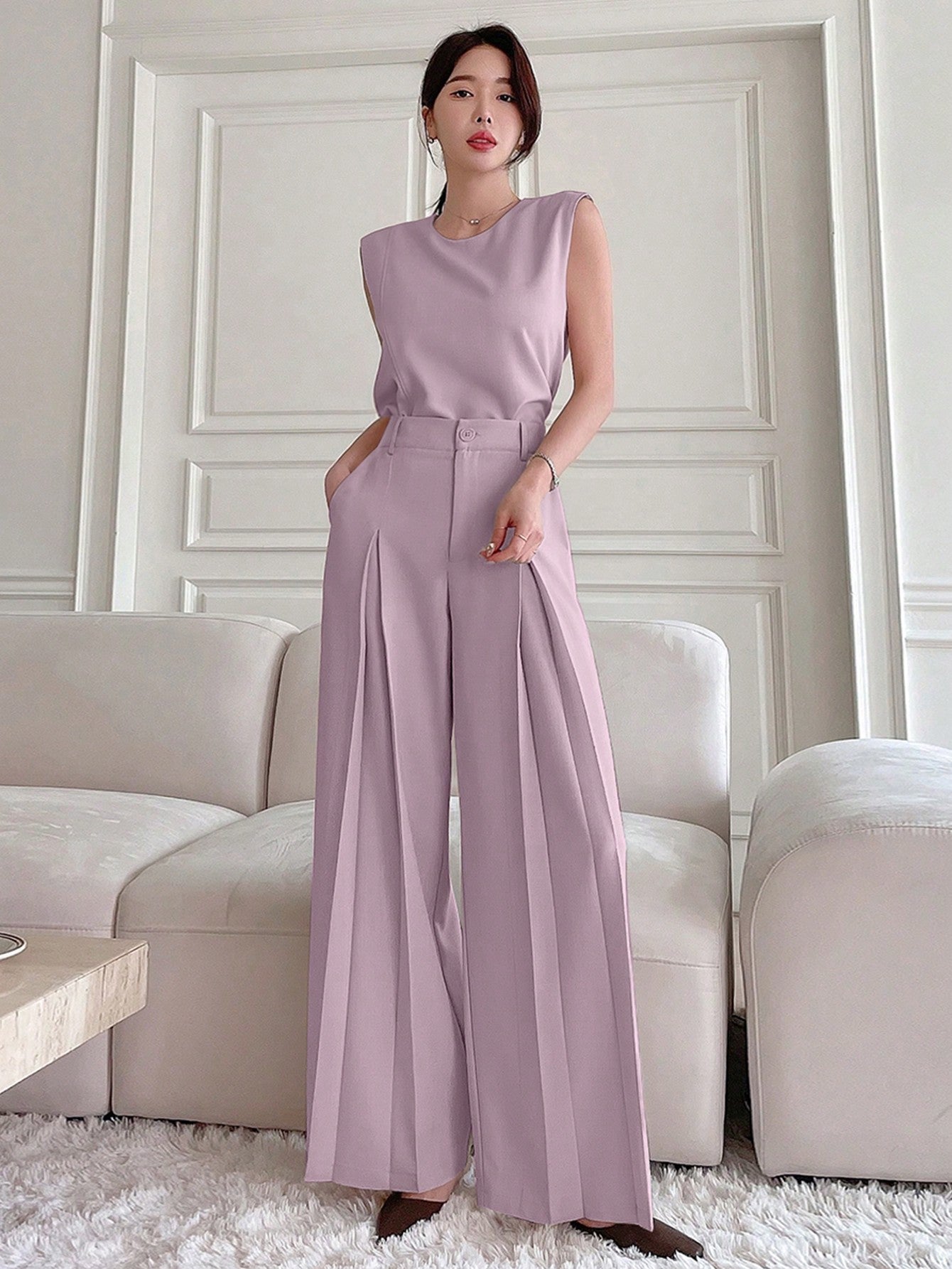 DAZY Women Fashionable Two-Piece Set of Sleeveless Top with Side Slits and Wide-Leg Pants or Long Pants Summer