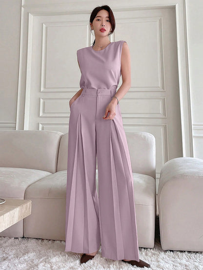 DAZY Women Fashionable Two-Piece Set of Sleeveless Top with Side Slits and Wide-Leg Pants or Long Pants Summer