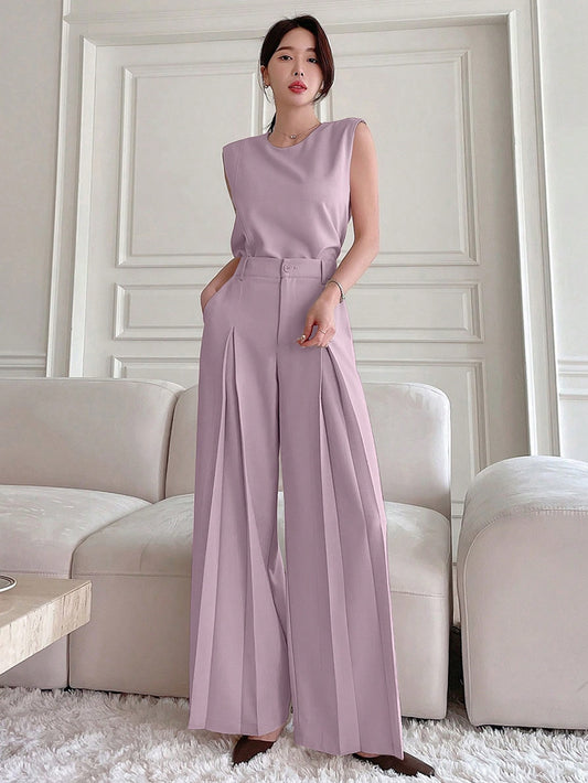 DAZY Women Fashionable Two-Piece Set of Sleeveless Top with Side Slits and Wide-Leg Pants or Long Pants Summer