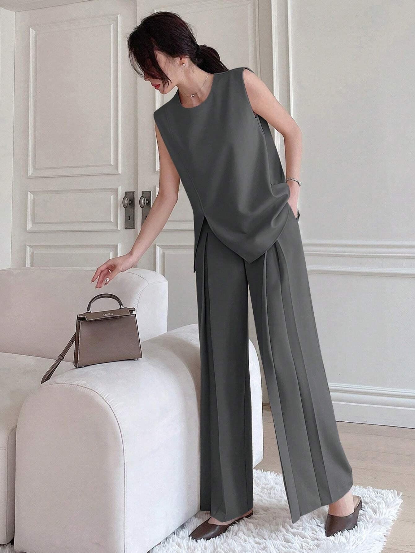 DAZY Women Summer Solid Color round Neck Short Sleeve Top and Wide Leg Pants Fashionable Loose Two Piece Set