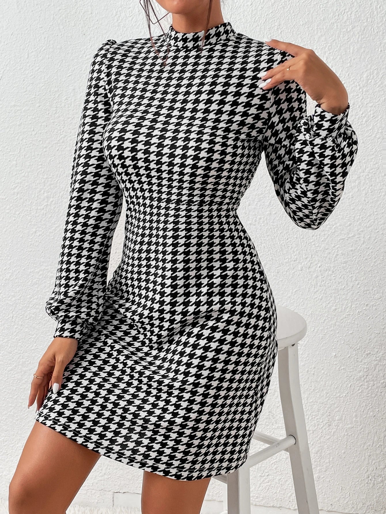 Privé Houndstooth Print Mock Neck Lantern Sleeve Dress
