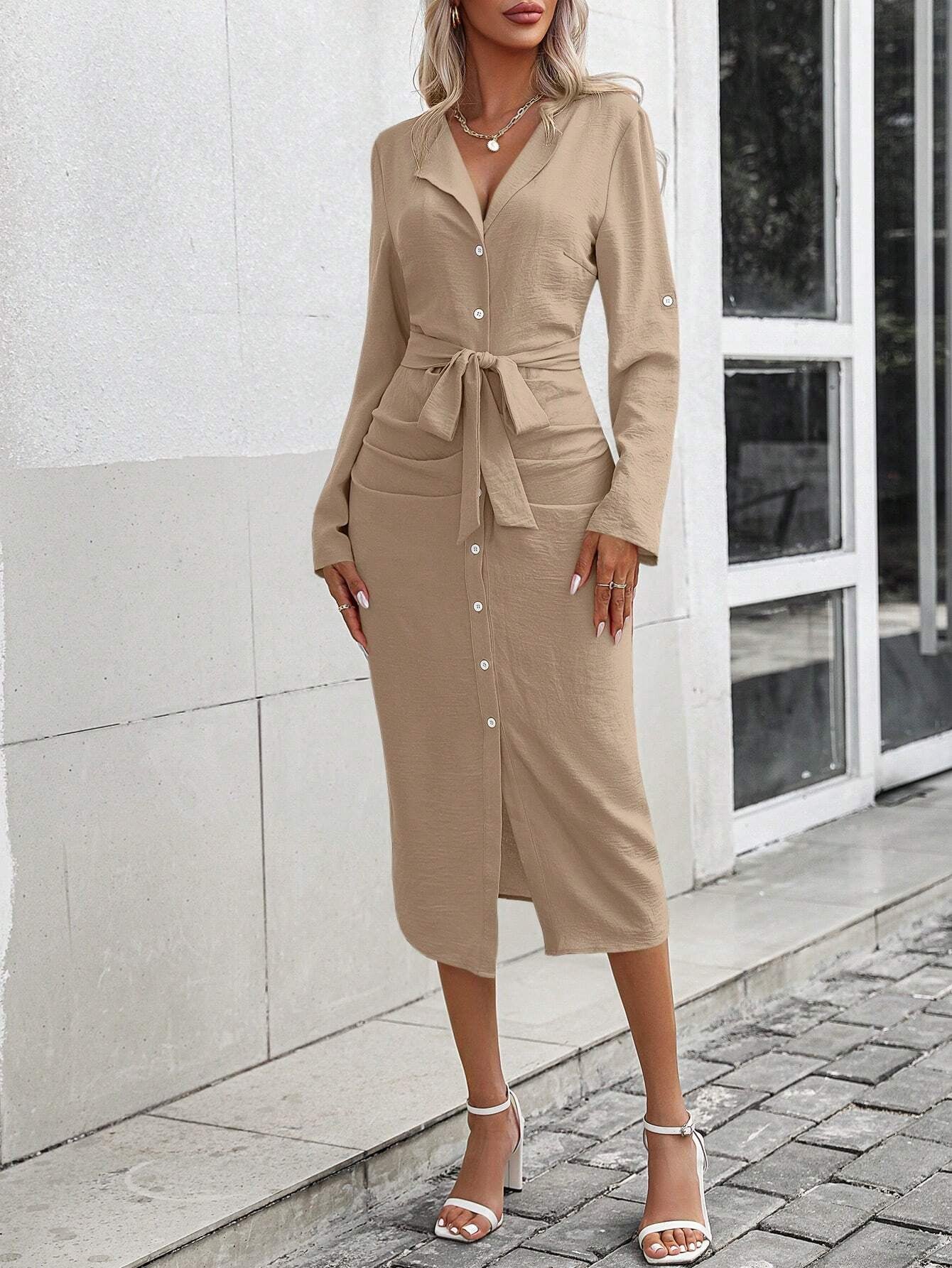 Clasi Roll Tab Sleeve Belted Shirt Dress Maxi Women Outfit