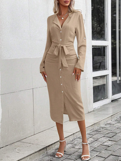 Clasi Roll Tab Sleeve Belted Shirt Dress Maxi Women Outfit
