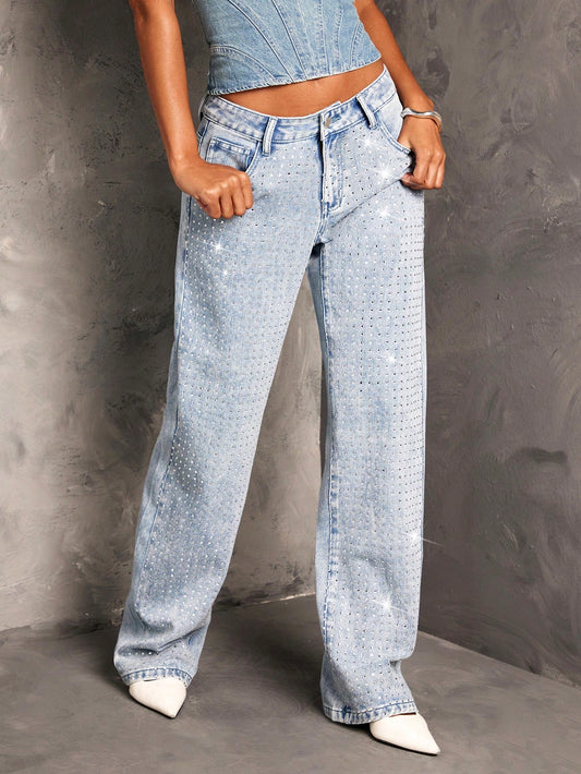 BAE BAE Women'S Low Waist Embellished Slim Straight Leg Jeans, New Years Eve Outfit,Glitter Pants,Christmas Party Women Pants,Sequin Pants,Holiday Pants,Baggy Women Jeans,Glitter Baggy Jeans,Glitter Pants