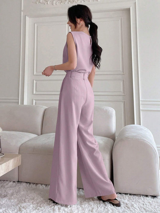DAZY Women Fashionable Two-Piece Set of Sleeveless Top with Side Slits and Wide-Leg Pants or Long Pants Summer